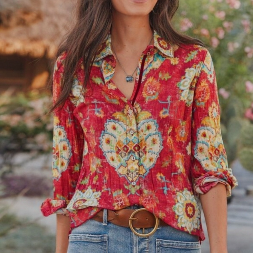 Sundance Cino Amanza Long Sleeve Floral Button-Up Blouse Size Large